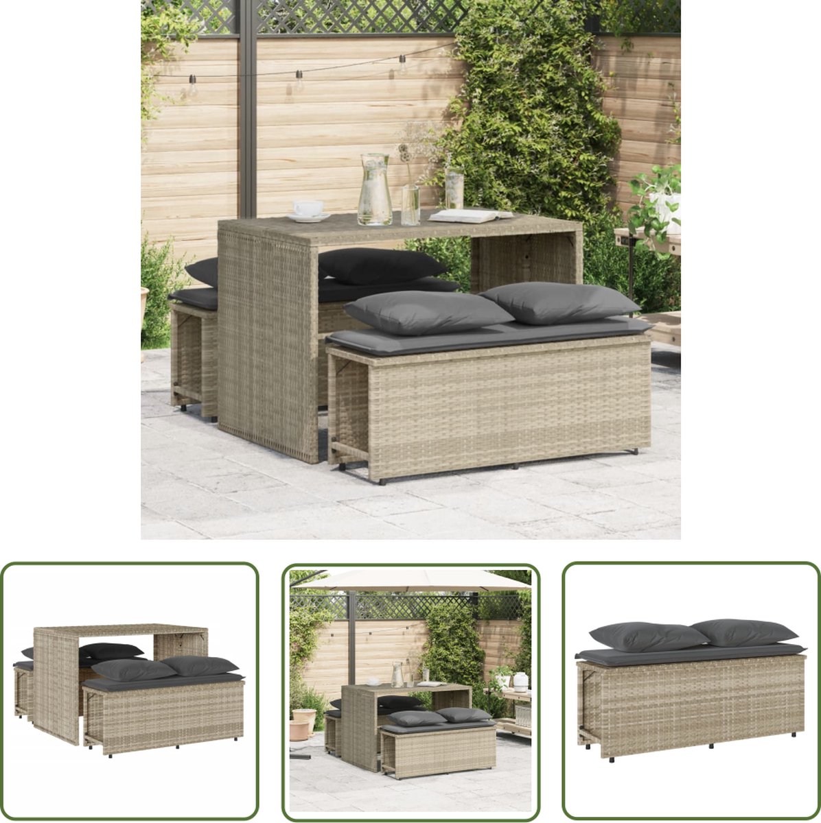 The Living Store 3-delige Tuinset met kussens poly rattan lichtgrijs - Tuinstoel - Tuinset - Lounge Set - Buitendecoratie - Outdoor Furniture