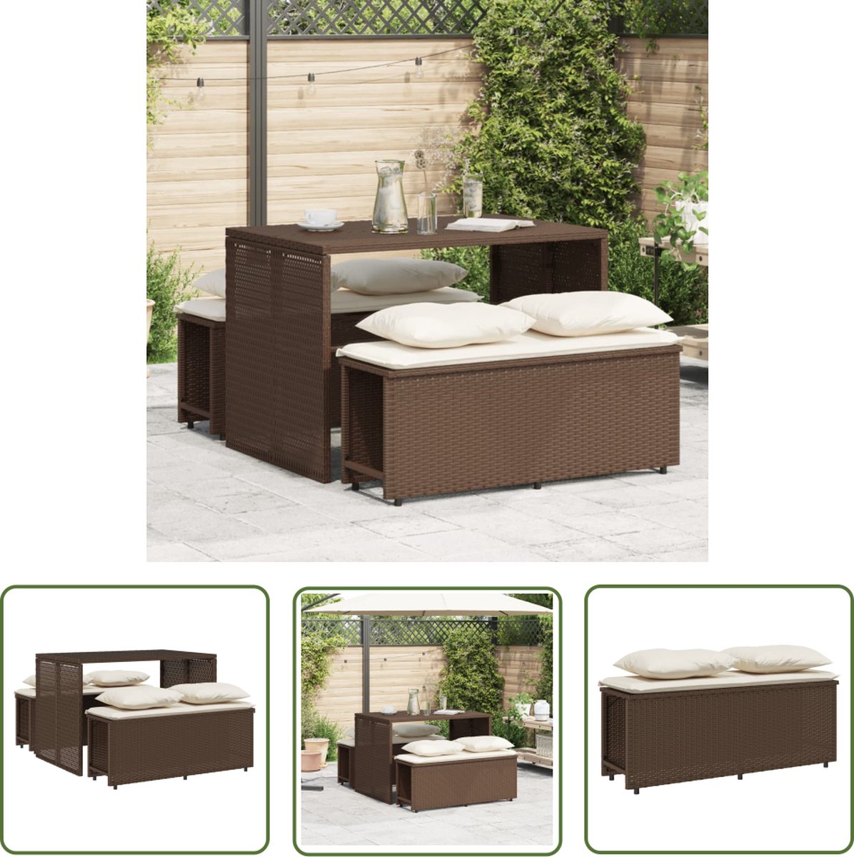 Tuinset met bruine poly rattan kussens - Buitendecoratie - Eetkamerset