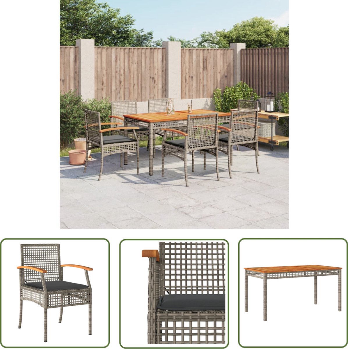 Grijze poly rattan tuinset met kussens en tafel - Buitendecoratie.