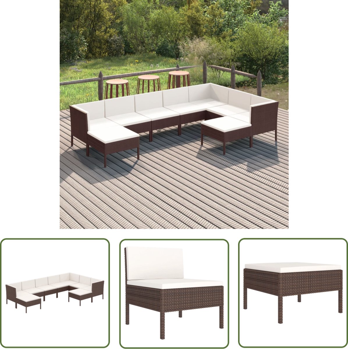 The Living Store 9-delige Loungeset met kussens poly rattan bruin - Loungebank - Tuinset - Loungeset - Buitentijnen - Tuinmeubels