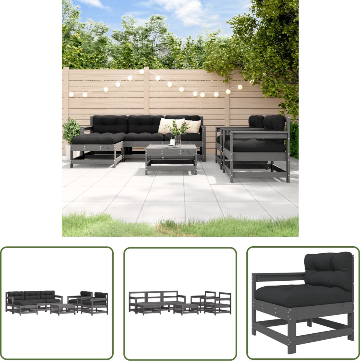 7-delige Loungeset in grijs massief hout met kussens - Tuinmeubilair - Teak