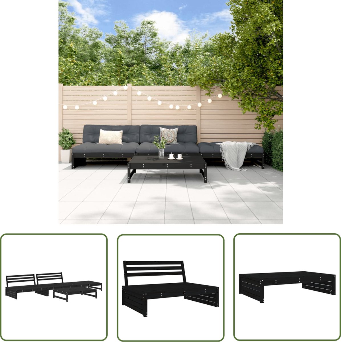 The Living Store 4-delige Loungeset massief grenenhout zwart - Loungeset - Tuinset - Hout - Grenenhout - Zwart