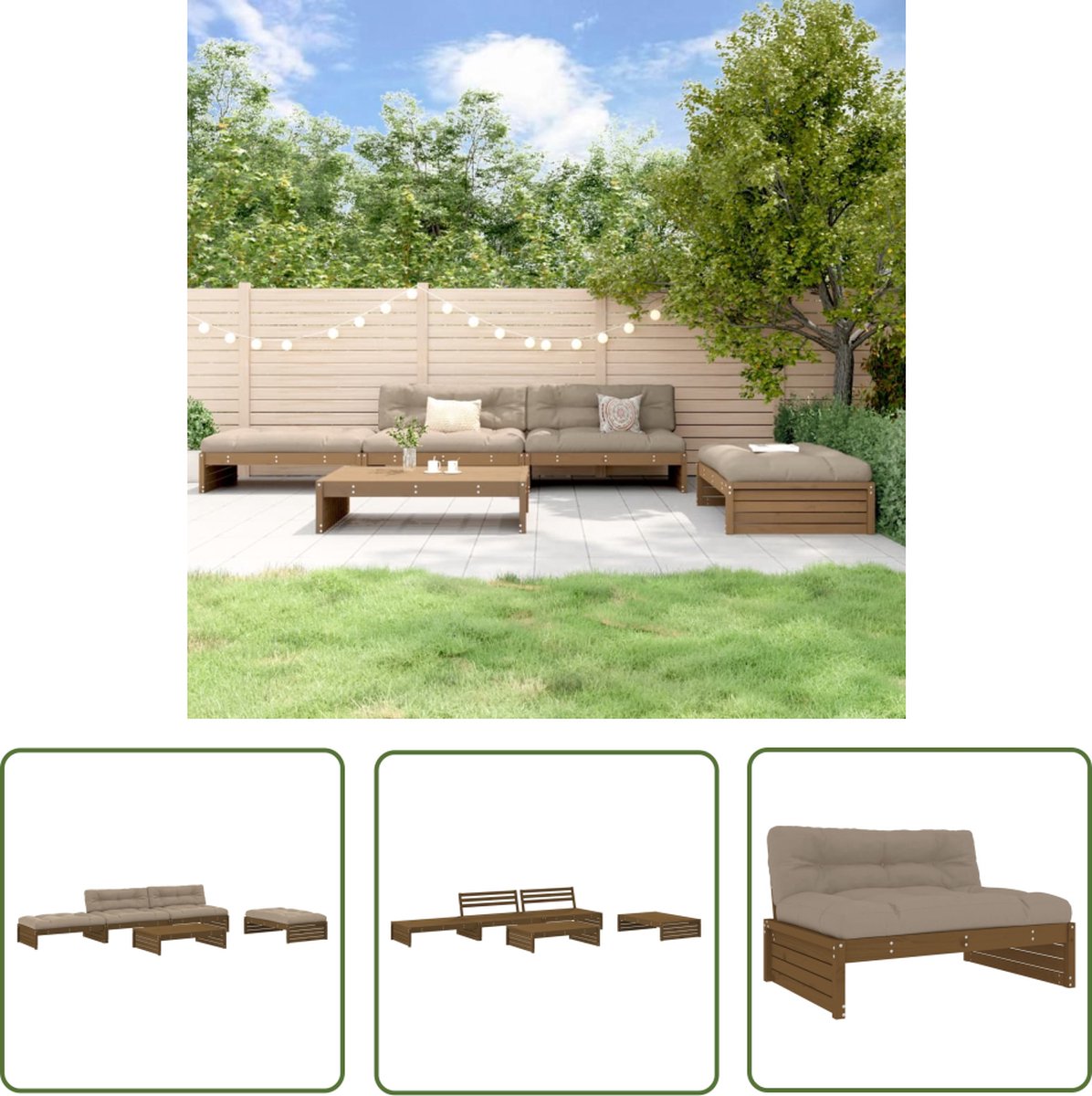 The Living Store 5-delige Loungeset met kussens massief hout honingbruin - Loungeset - Tuinset - Tuinmeubels - Buitenmeubilair - Hout