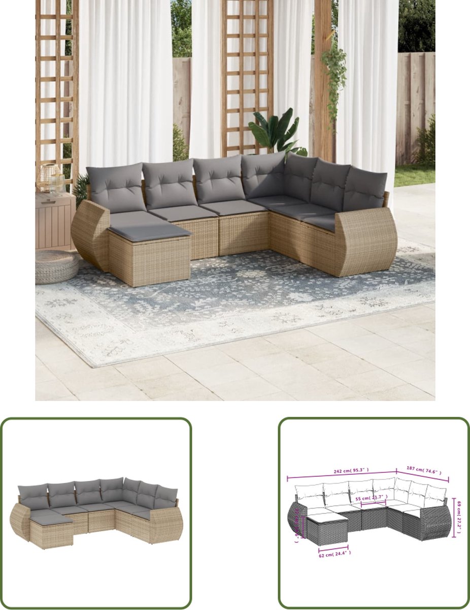 The Living Store 7-delige Loungeset met kussens poly rattan beige - Loungeset - Tuinmeubels - Lounge Set - PE-rattan - Outdoor Furniture