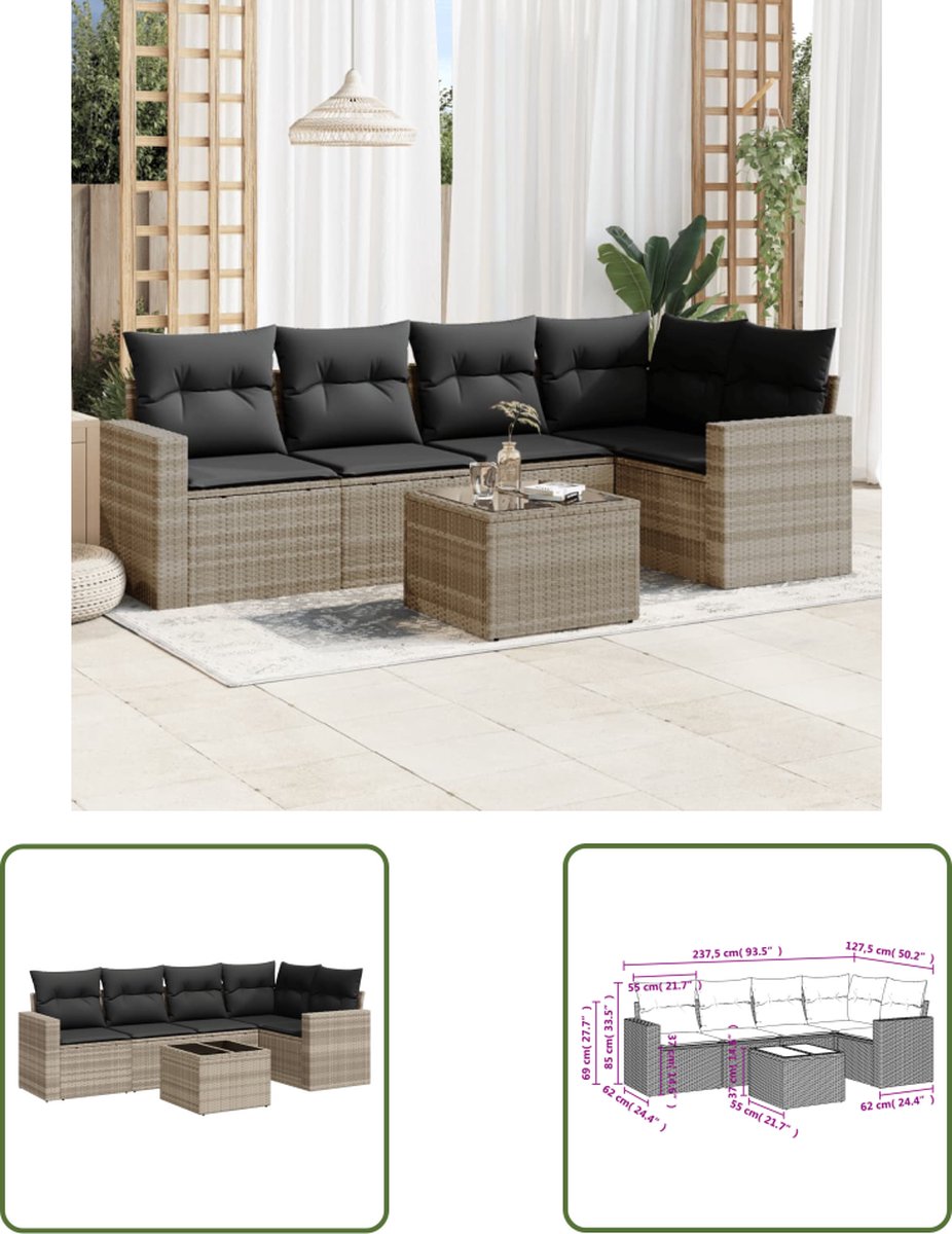 Poly rattan loungeset in lichtgrijs met kussens - The Living Store.