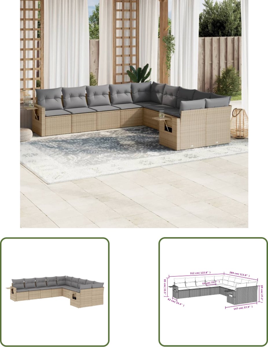 The Living Store 10-delige Loungeset met kussens poly rattan beige - Loungeset - Tuinset - Lounge Set - Buitendecoratie - Tuinmeubels