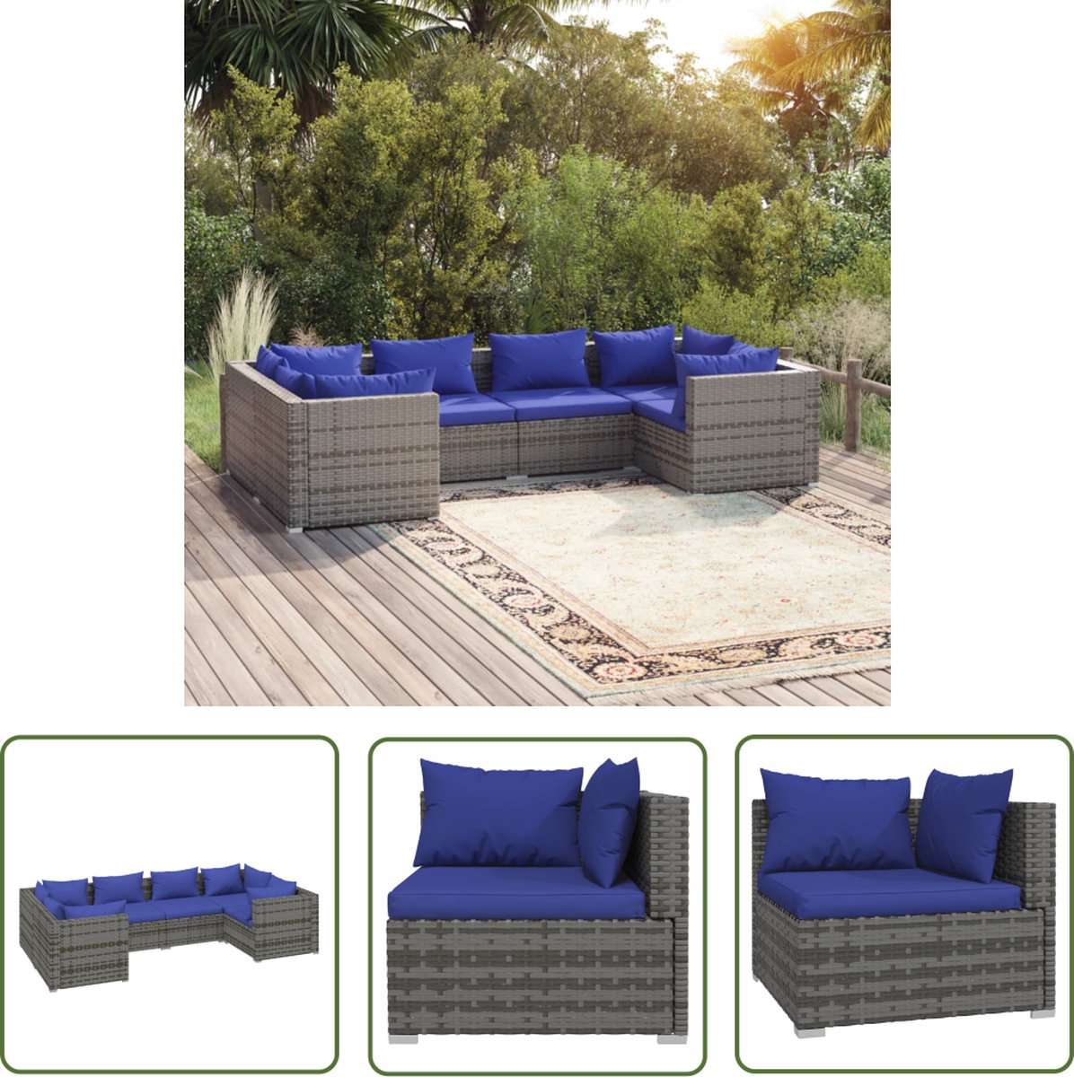 Moderne grijze loungeset met kussens van poly rattan voor buiten.
