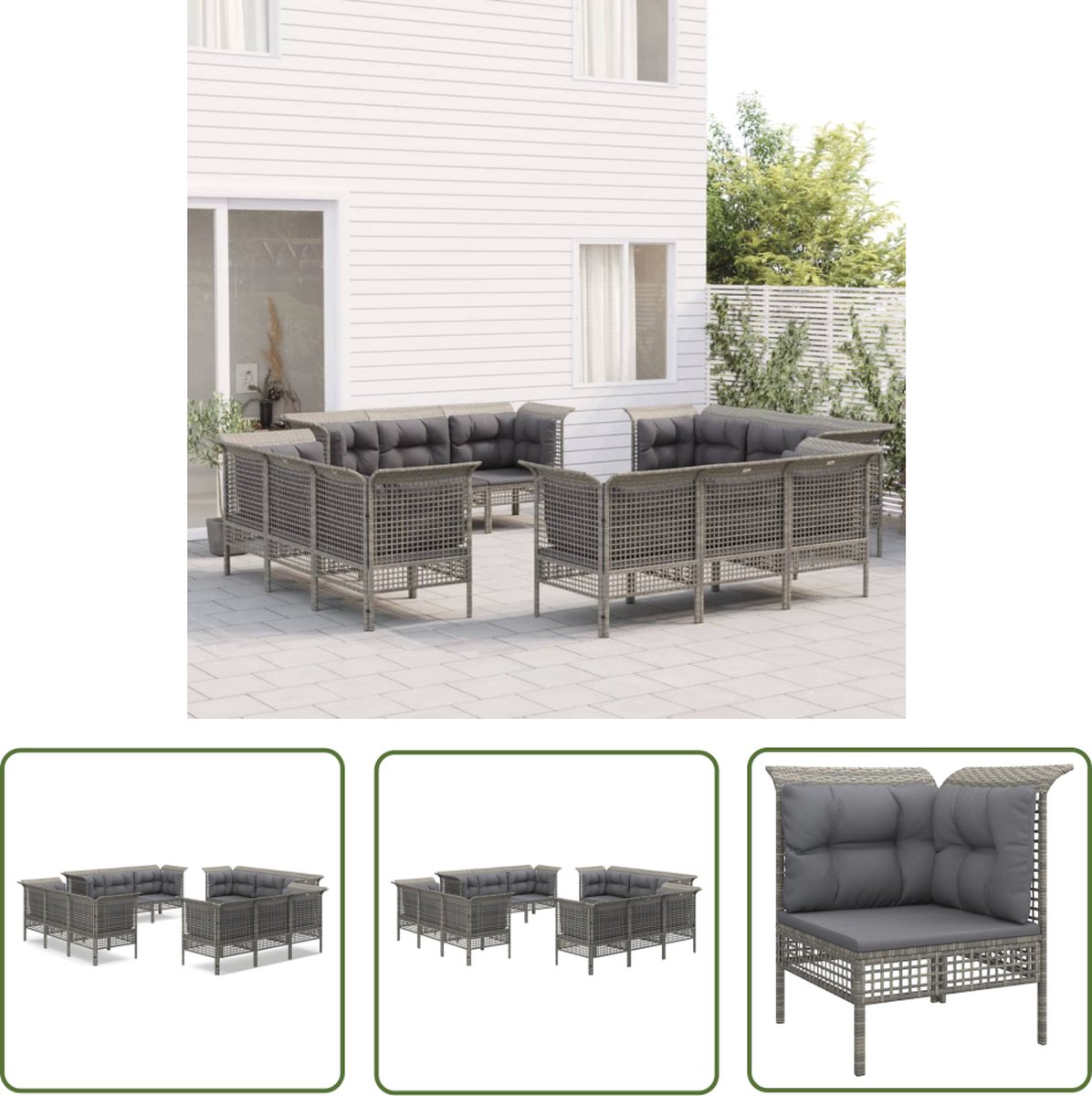 The Living Store 12-delige Loungeset met kussens poly rattan grijs - Tuin Lounge Set - Loungebank - Outdoor Furniture - Patioset - Garden Sofa