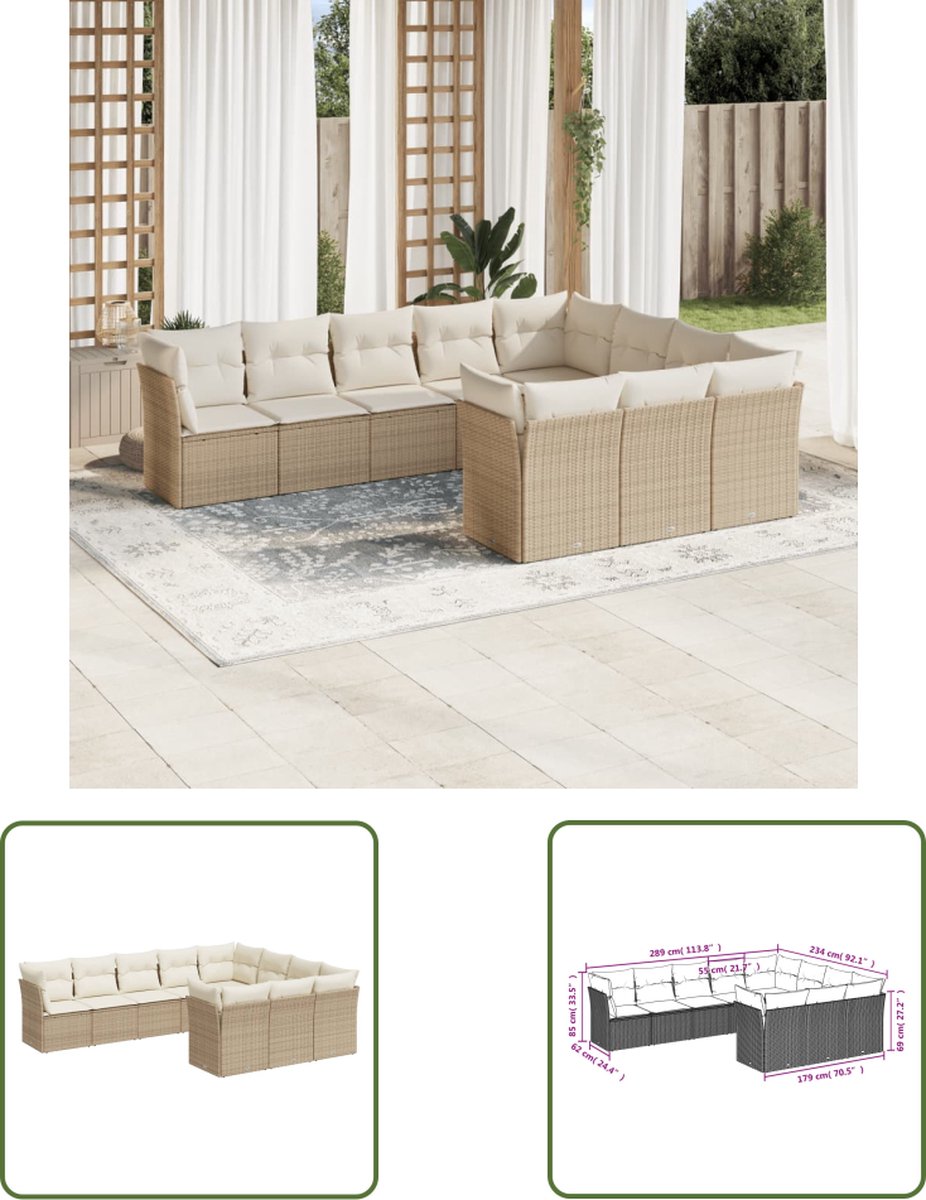 The Living Store 10-delige Loungeset met kussens poly rattan beige - Loungebank - Tuinset - Lounge Set - Buitendecoratie - Tuinmeubels