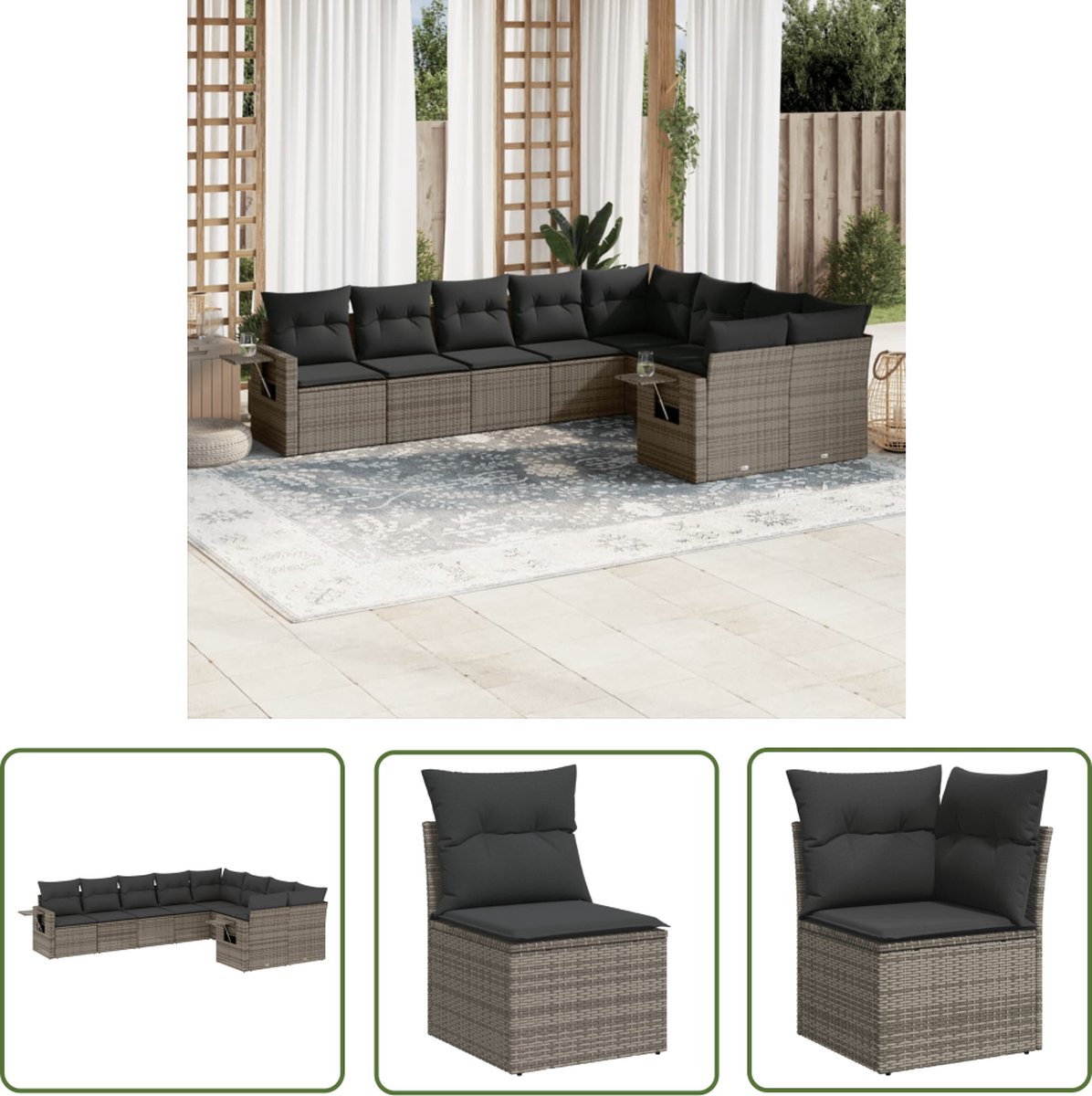 The Living Store 9-delige Loungeset met kussens poly rattan grijs - Loungeset - Tuinset - Buitendecoratie - Loungehoek - Garden Furniture