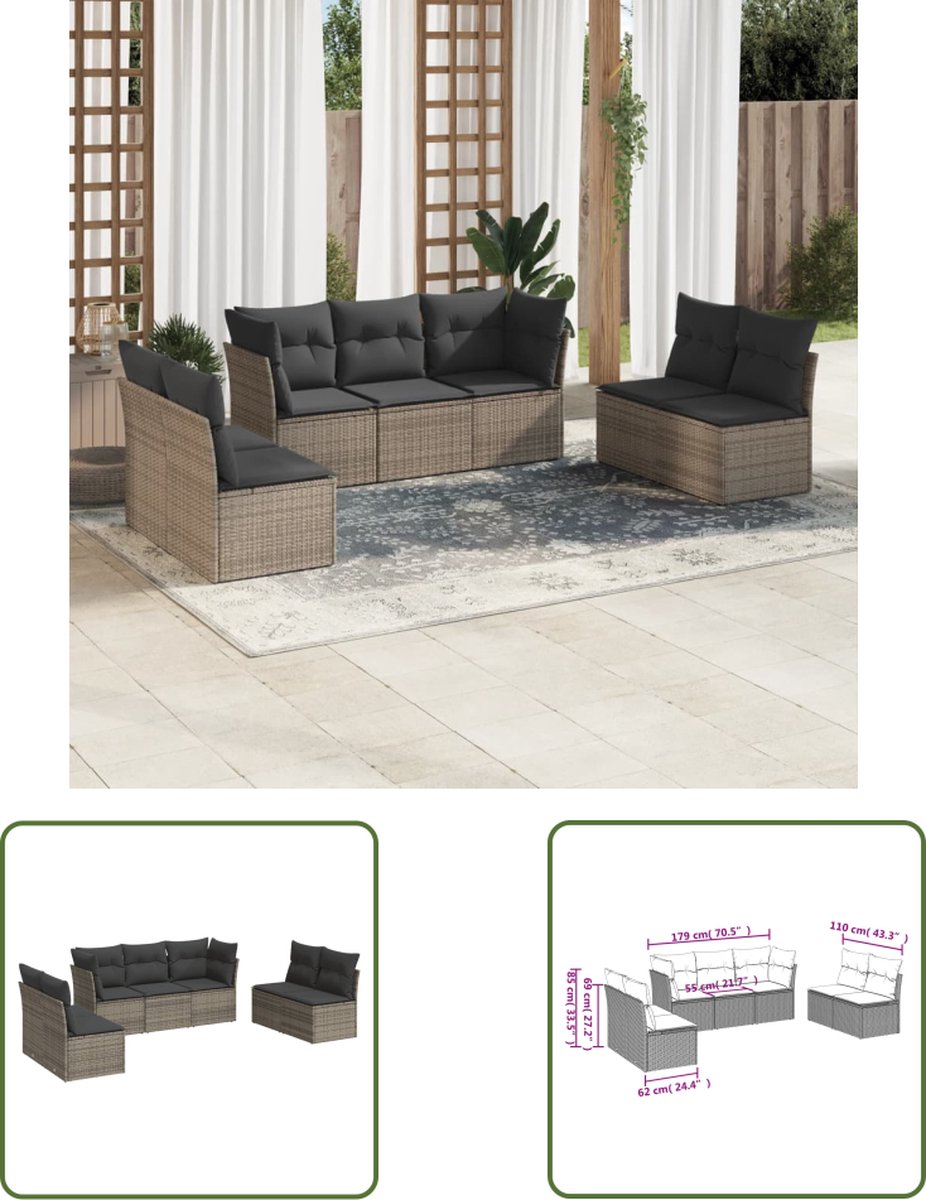 The Living Store 7-delige Loungeset met kussens poly rattan grijs - Loungebank - Tuinset - Lounge Set - Buitendecoratie - Garden Furniture