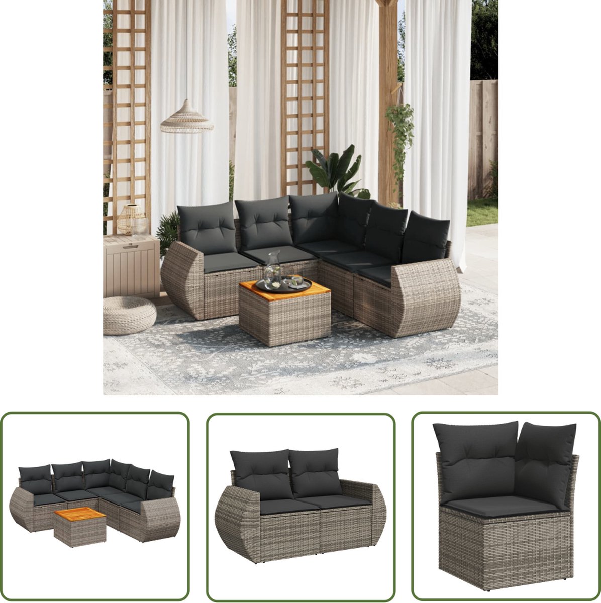 The Living Store 6-delige Loungeset met kussens poly rattan grijs - Loungeset - Lounge Set - Buitendecoratie - Tuinmeubels - Pe Rattan
