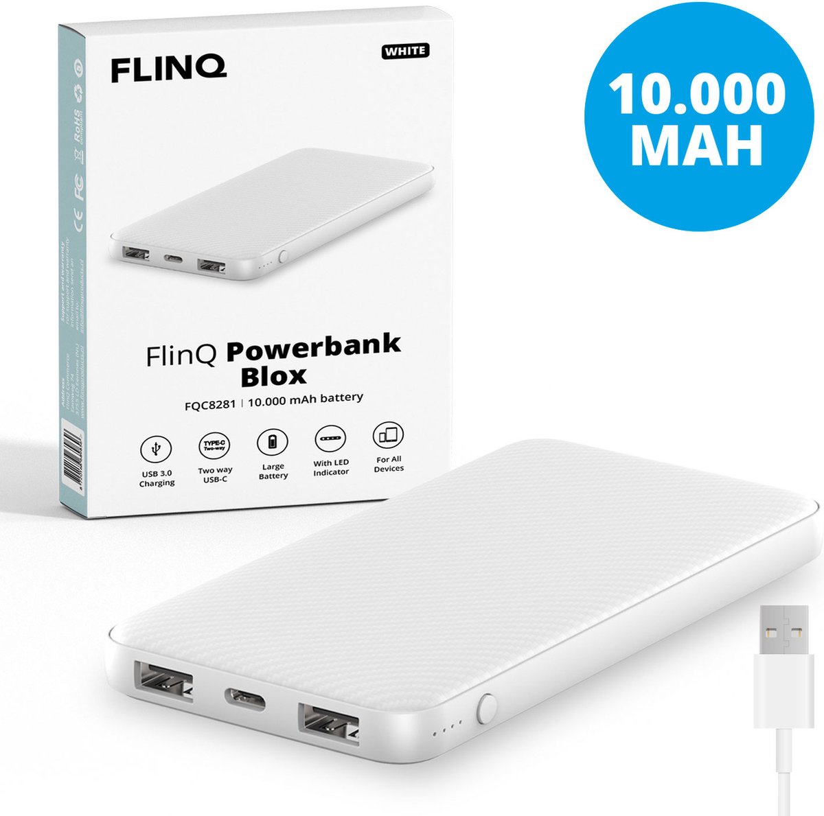 FlinQ Powerbank 10.000 mAh - 3 Poorten - 2.1A USB/Micro-USB/USB-C - Incl. Kabel - Wit