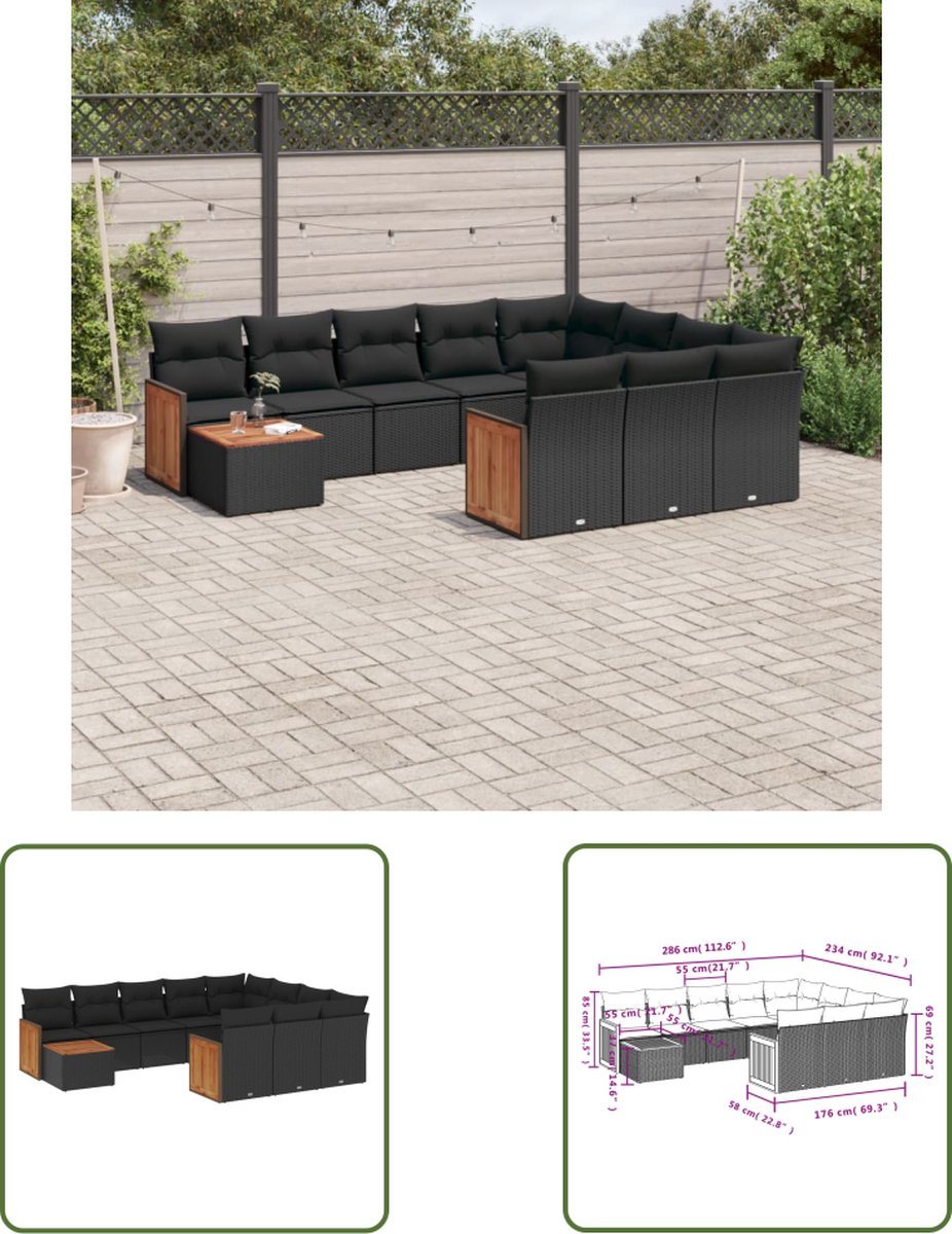 The Living Store 11-delige Loungeset met kussens poly rattan zwart - Loungeset - Lounge Set - Buitendecoratie - Tuinmeubels - Tuinlounge