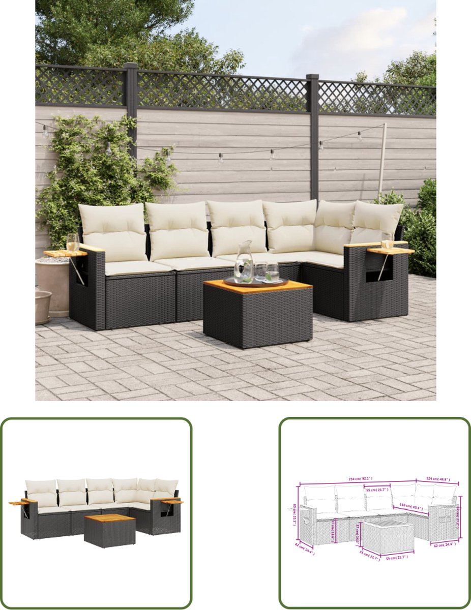 The Living Store 6-delige Loungeset met kussens poly rattan zwart - Loungeset - Tuinset - Lounge Set - Tuinmeubels - Ratan Meubel