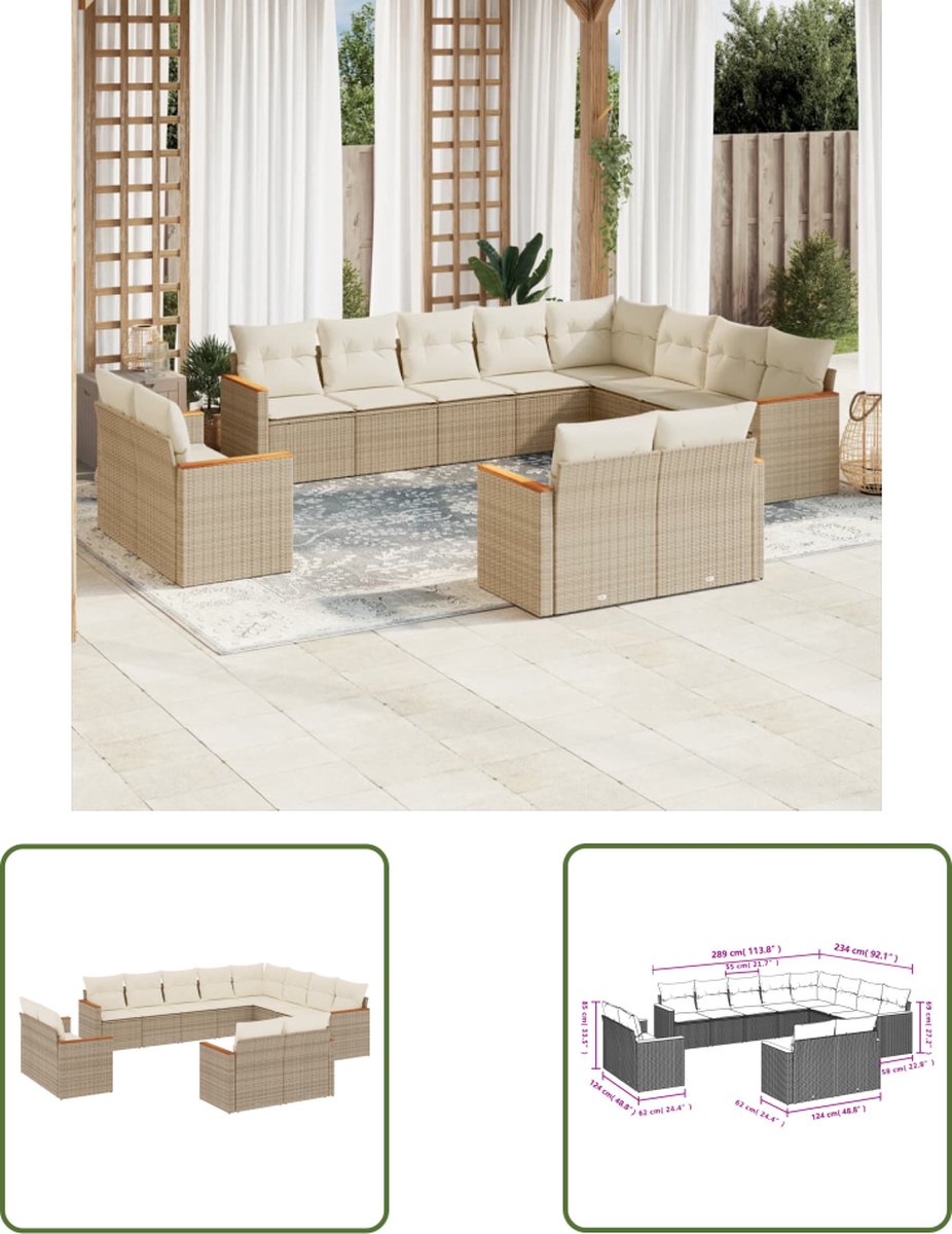 The Living Store 12-delige Loungeset met kussens poly rattan beige - Loungebank - Tuinset - Lounge Set - Buitendiner - Tuinmeubels