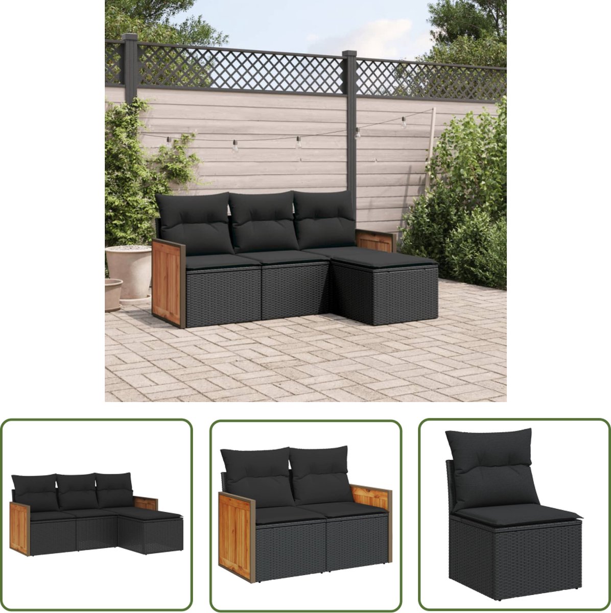 Zwarte poly rattan loungeset met kussens voor tuindecoratie - The Living Store.