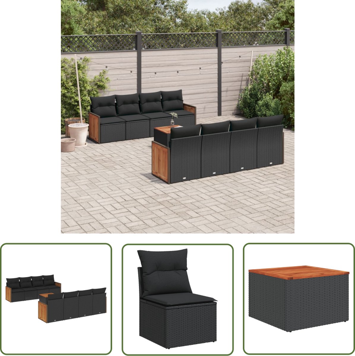 Zwarte poly rattan loungeset met kussens voor buiten - The Living Store.