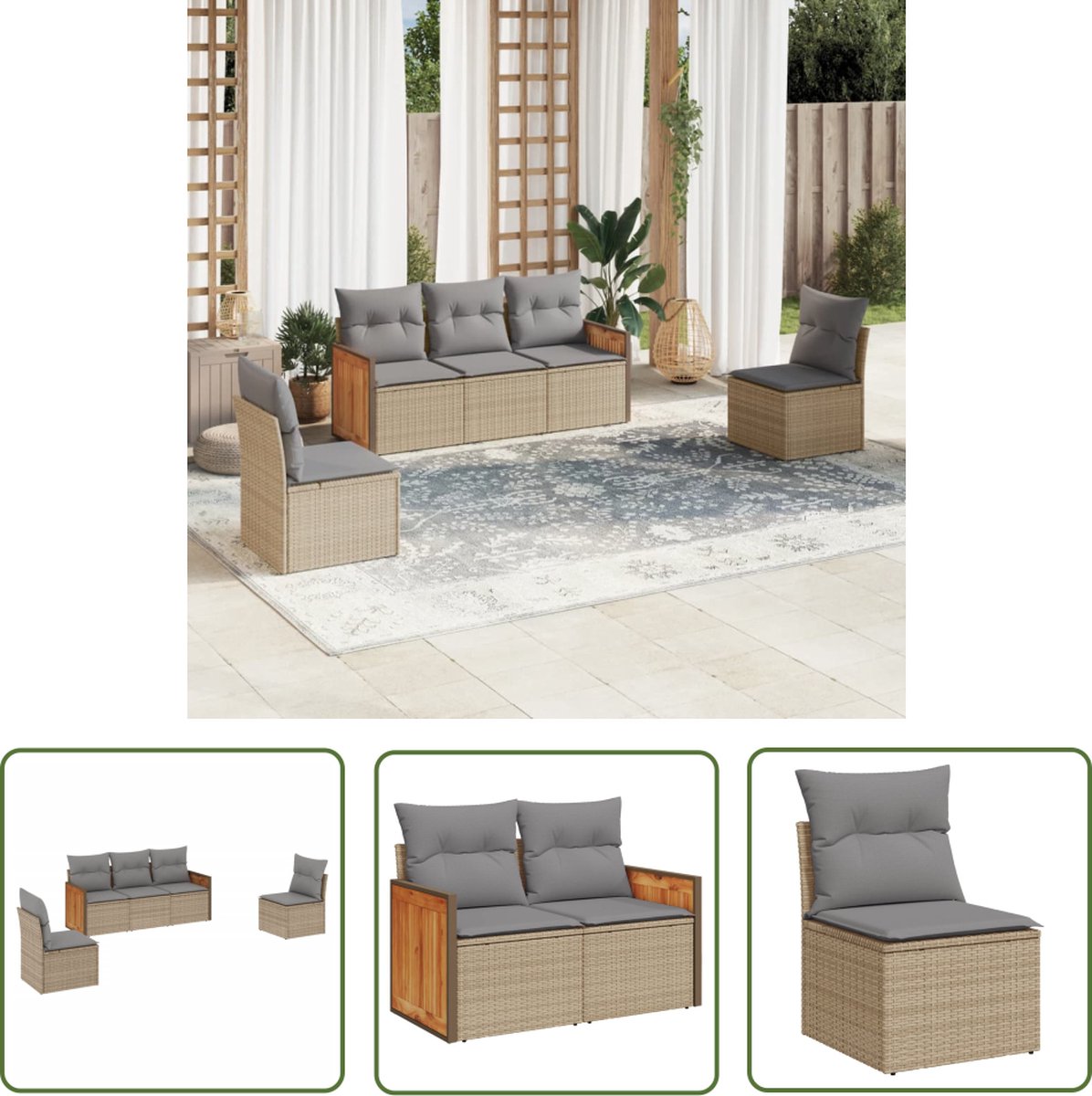 The Living Store 5-delige Loungeset met kussens poly rattan beige - Loungeset - Tuinset - Buitendecoratie - Loungehoek - Garden Furniture