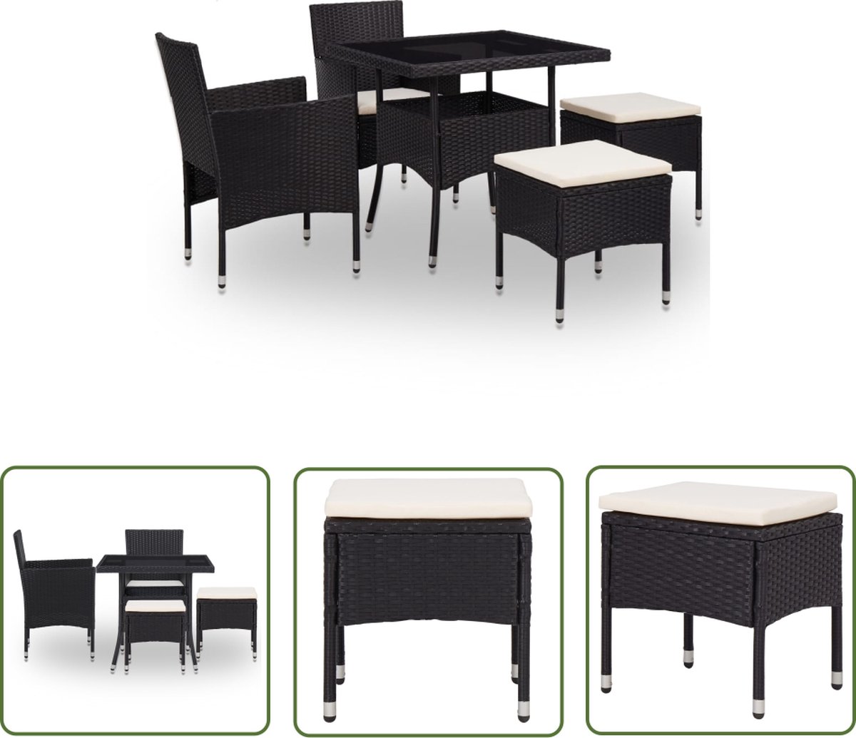 The Living Store 5-delige Tuinset poly rattan en glas zwart - Tuinset - Lounge Set - Buitendecoratie - Eetkamerset - Rattan Meubilair