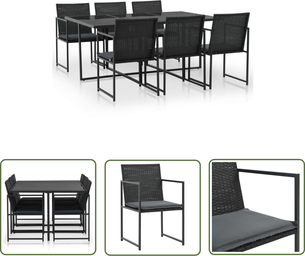 The Living Store 7-delige Tuinset met kussens poly rattan zwart - Tuinmeubles - Buitenkamer - Lounge Set - Ratan Meubels - Eetkamerset