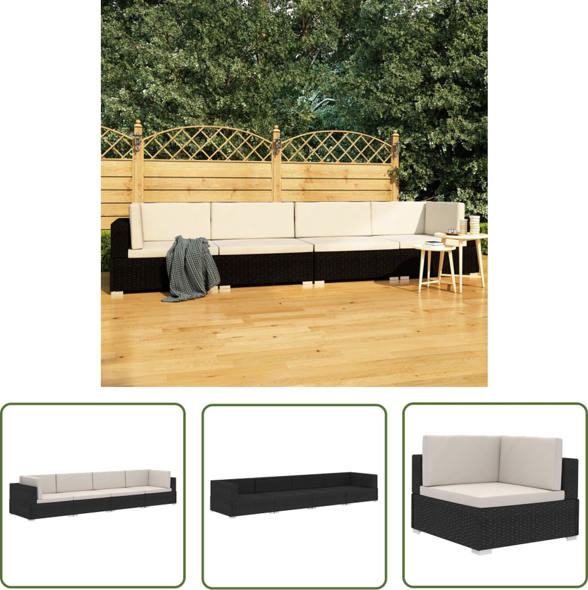 The Living Store 4-delige Loungeset met kussens poly rattan zwart - Loungeset - Tuinset - Lounge Meubels - Buis Meubel - Outdoor Furniture