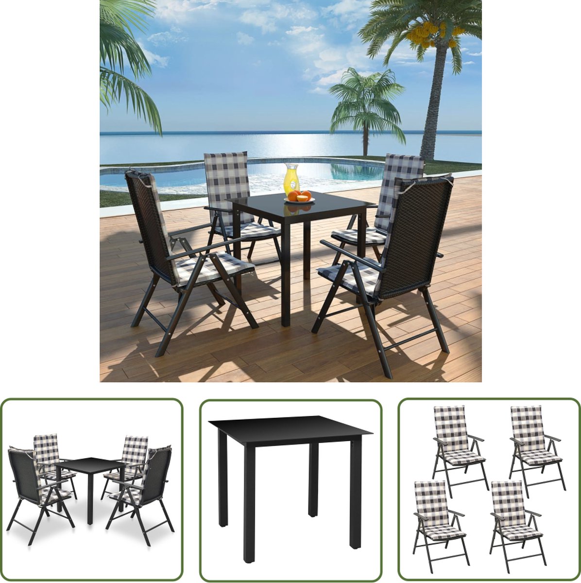 The Living Store 5-delige Tuinset met kussens aluminium zwart - Tuinstoel - Tuintafel - Lounge Set - Buistuinmeubel - Outdoor Meubels