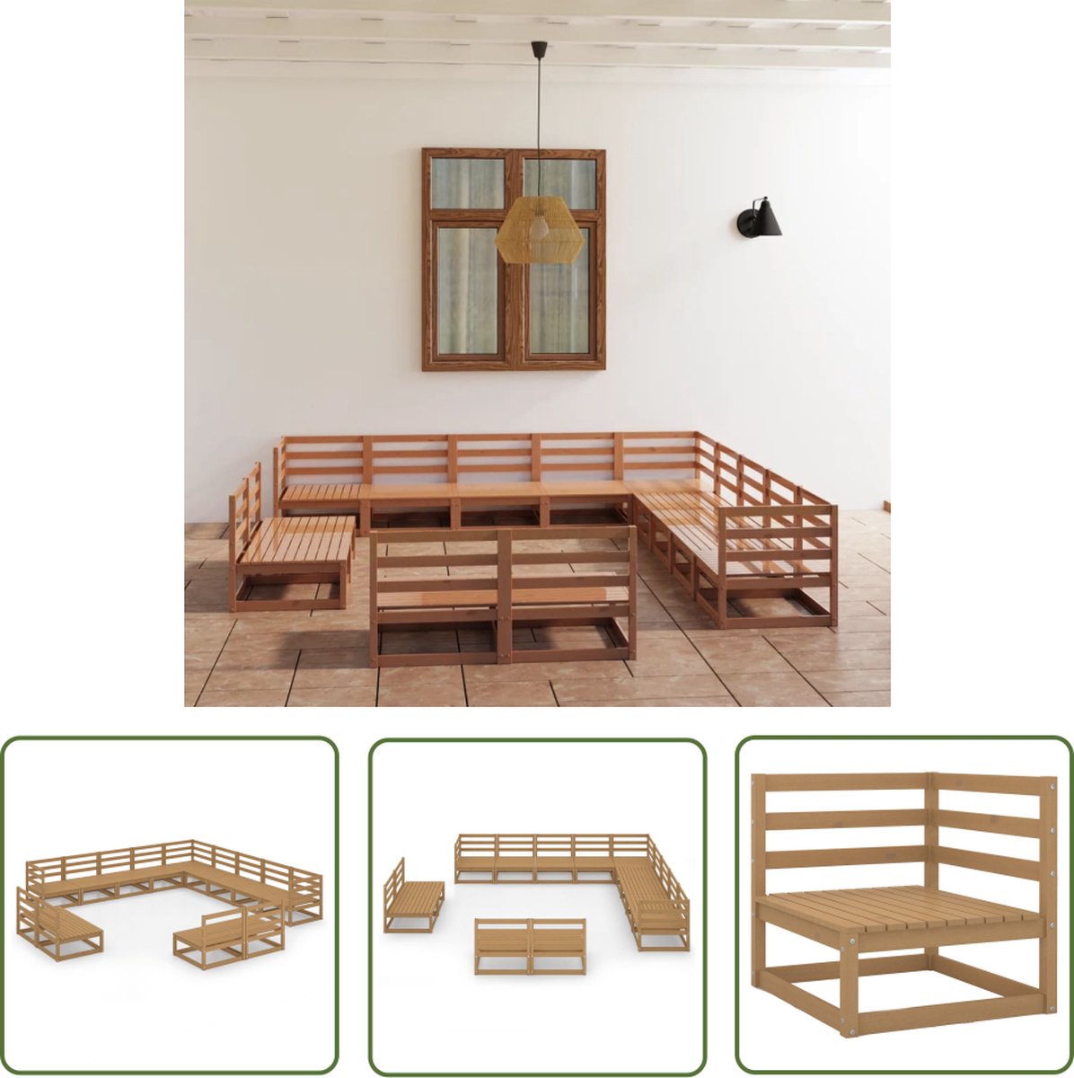 The Living Store 13-delige Loungeset massief grenenhout honingbruin - Tuinstoel - Lounge Set - Houten Bank - Buitendecor - Tuinset