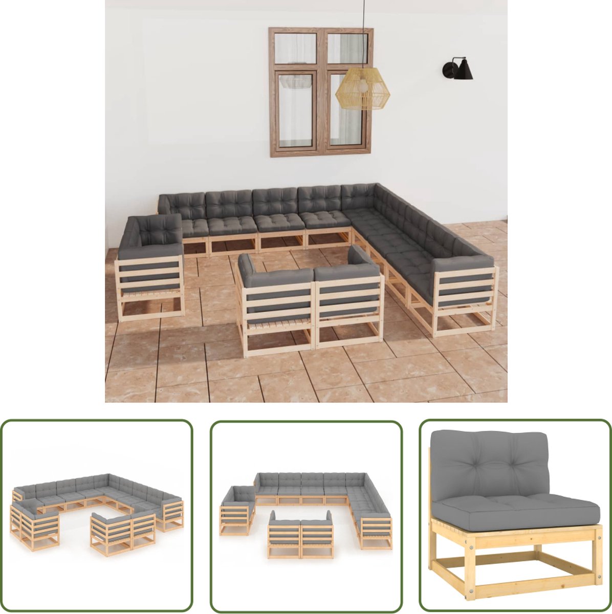 Massief grenenhouten loungeset met kussens en loungemodule - Tuinset - Houten lounge.