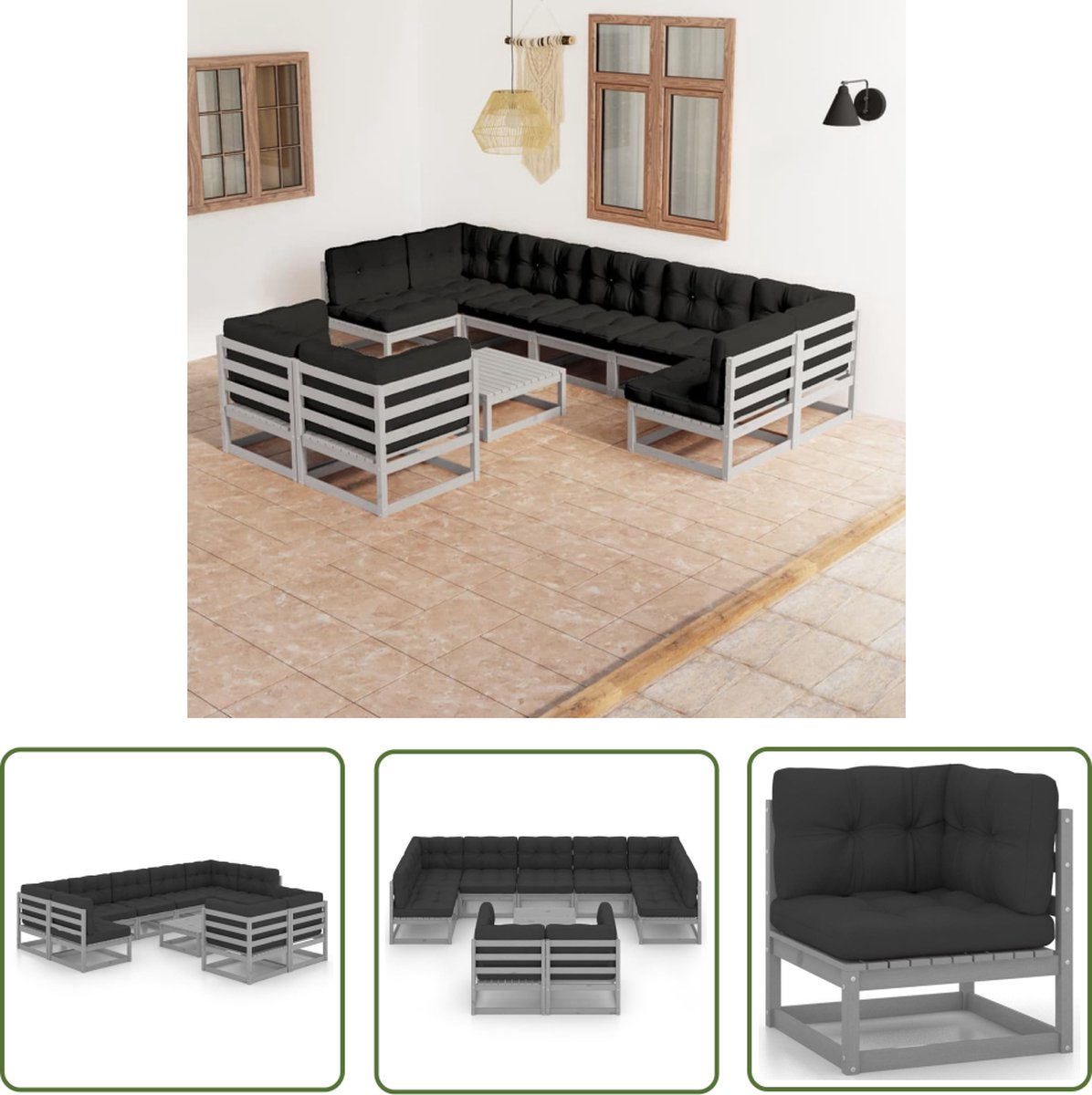 Loungeset van massief grenenhout in grijs met kussens - Tuinmeubelen.