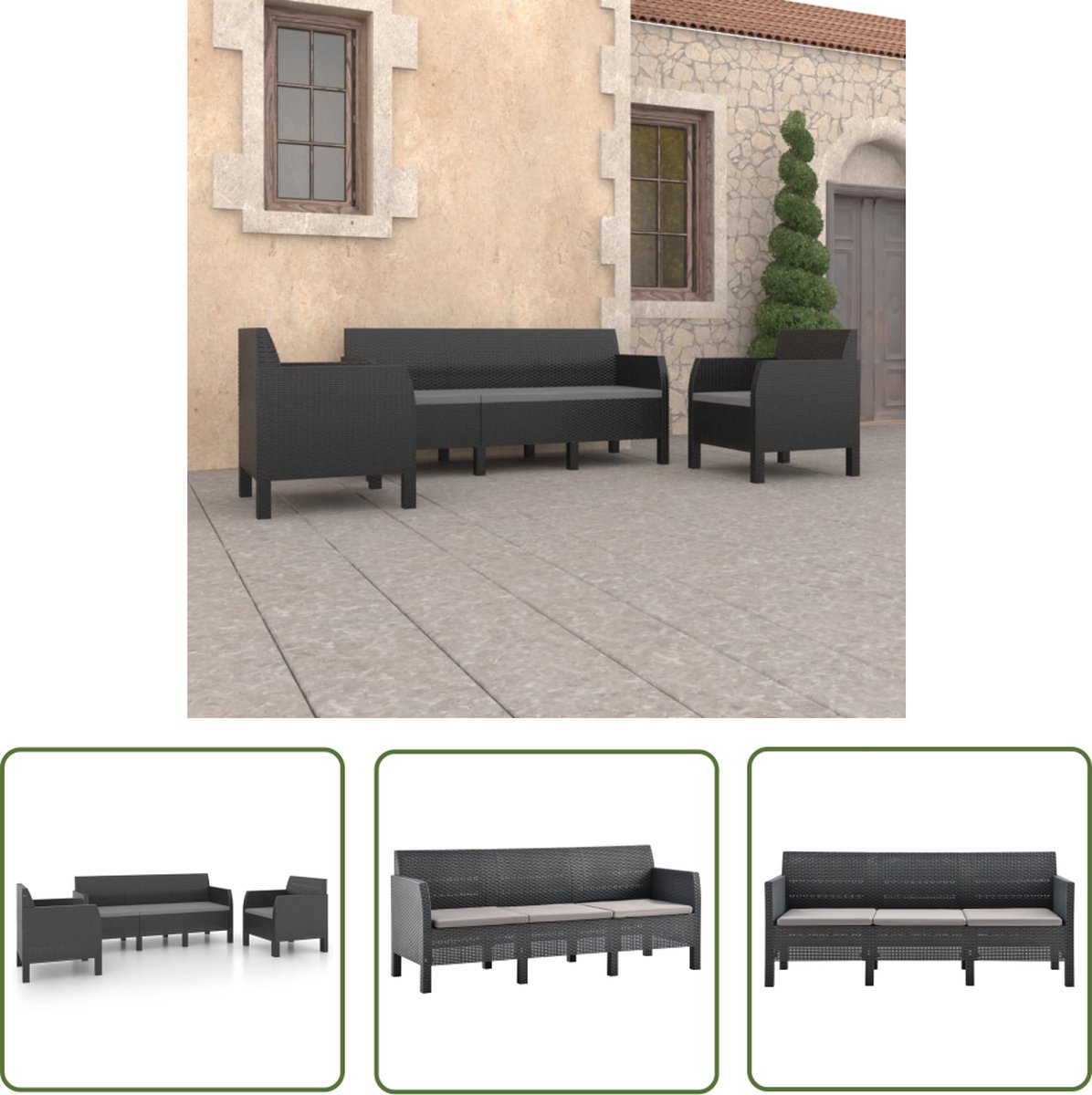 The Living Store 3-delige Loungeset met kussens PP rattan antracietkleurig - Lounge Set - Tuinstoel - Buitentijd - Relaxen - Patio Set