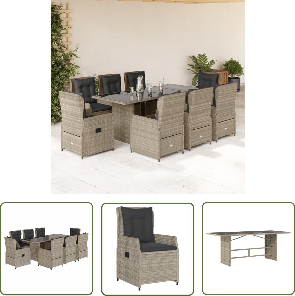 The Living Store 9-delige Tuinset met kussens poly rattan lichtgrijs - Tuinset - Lounge Set - Buitendecoratie - Outdoor Furniture - Patio Set