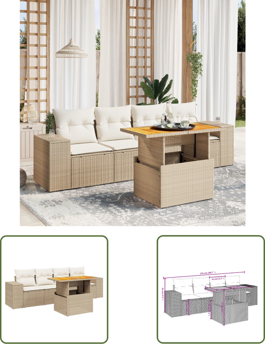 The Living Store 5-delige Loungeset met kussens poly rattan beige - Loungebank - Lounge Set - Tuinset - Buitendecoratie - Tuinlounge