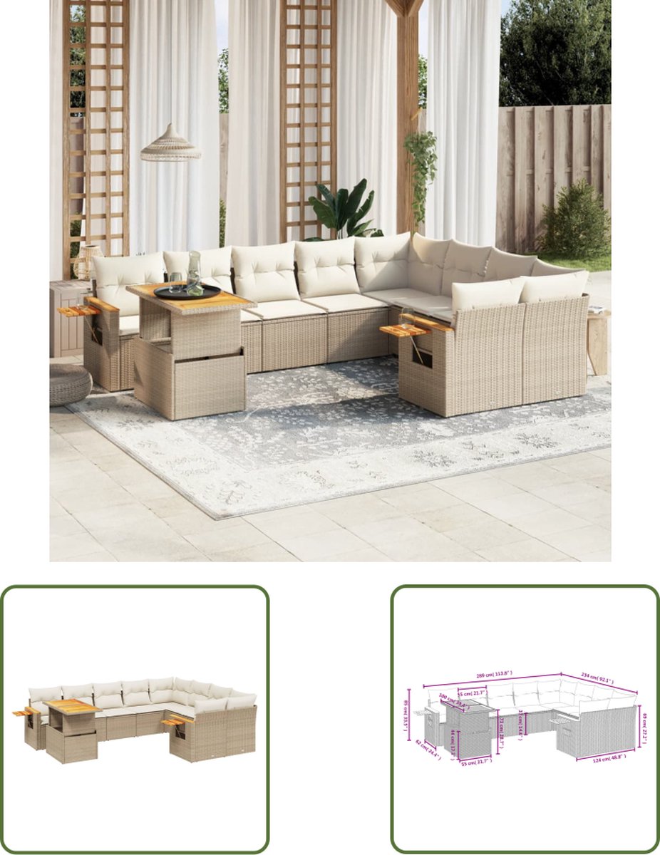 The Living Store 10-delige Loungeset met kussens poly rattan beige - Loungeset - Lounge Set - Tuinmeubels - Buitendecoratie - Pe Rattan