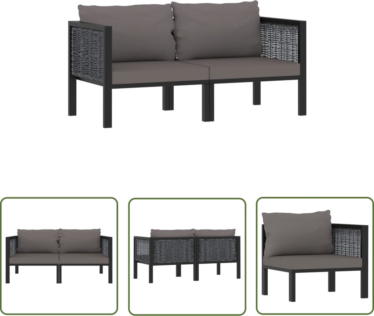 The Living Store Tweezitsbank met kussens poly rattan antraciet - Tweezitsbank - Lounge Bank - Tuinbank - Buitentijdbanken - Kunststof Meubilair