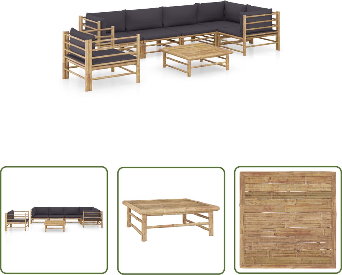 The Living Store 7-delige Loungeset met donkergrijze kussens bamboe - Bamboesalon - Loungestoel - Buitendrankje - Tuinlounge - Outdoor Living
