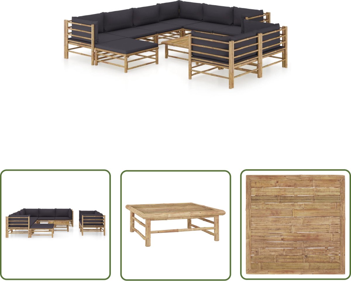 Bamboe loungeset met donkergrijze kussens voor buiten - Tuinmeubelen met stijlvol design.