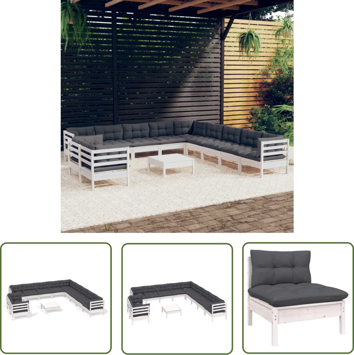 The Living Store 12-delige Loungeset met kussens massief grenenhout wit - Loungeset - Tuinset - Houten Lounge - Grenenhout - Witte Lounge