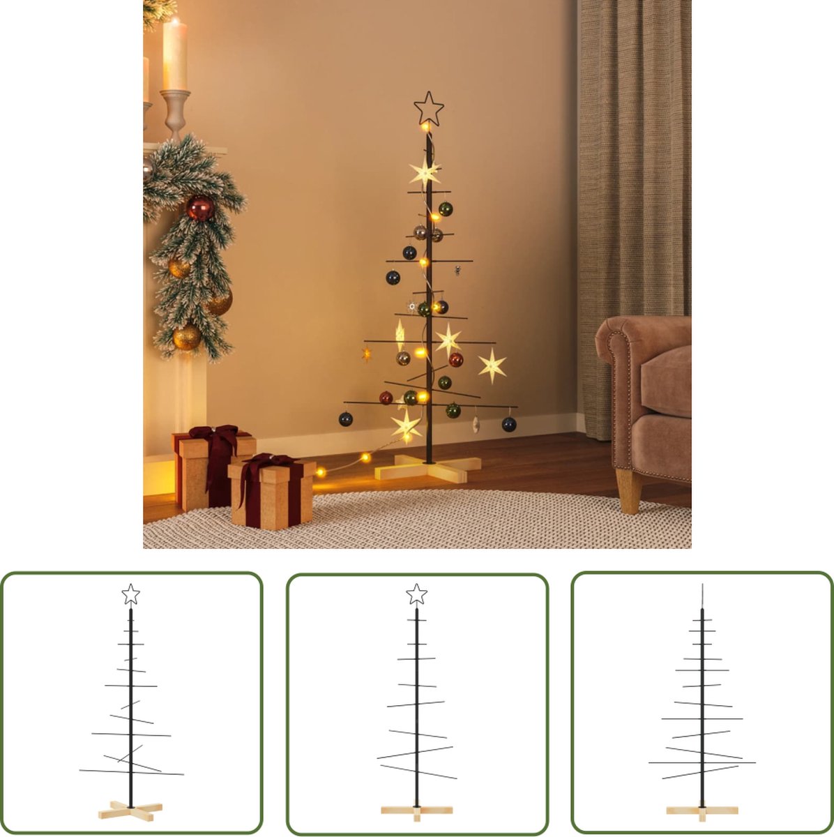 The Living Store Kerstdecoratie kerstboom met houten basis 120 cm metaal zwart - Metalen Kerstboom - DIY Kerstdecoratie - Moderne Kerstboom - Zwarte Kerstboom - Space Saving Christmas Tree