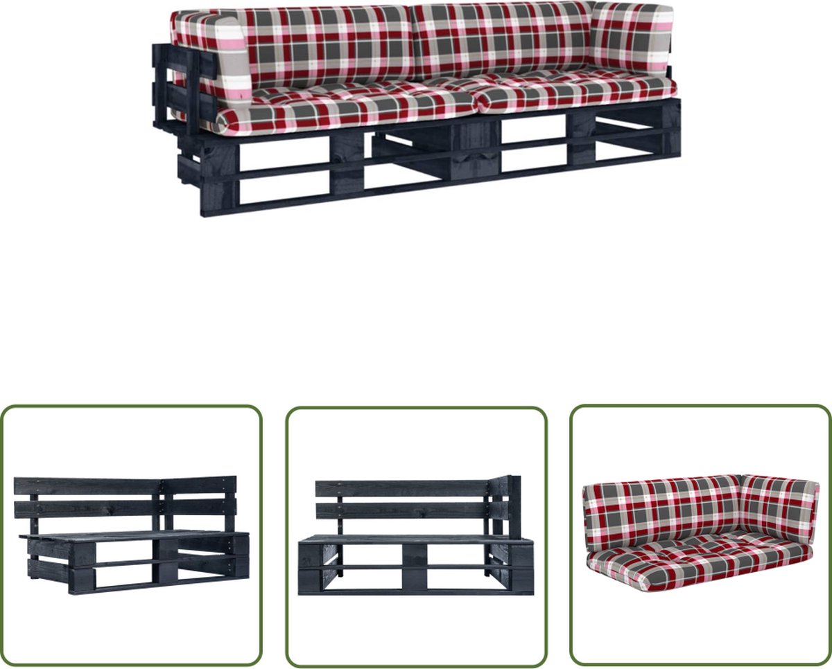 Hoekbank van zwart geïmpregneerd grenenhout met kussens - The Living Store palletbank voor buiten - Lounge set in tuinsetting.