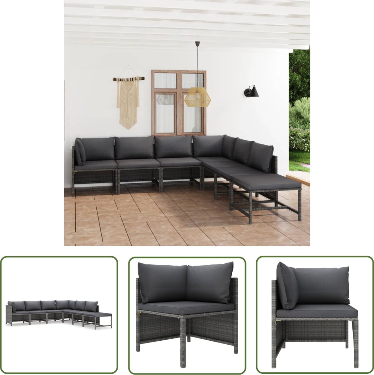 The Living Store 7-delige Loungeset met kussens poly rattan grijs - Loungehoek - Tuinset - Loungebank - Tuinmeubilair - Outdoor Meubels