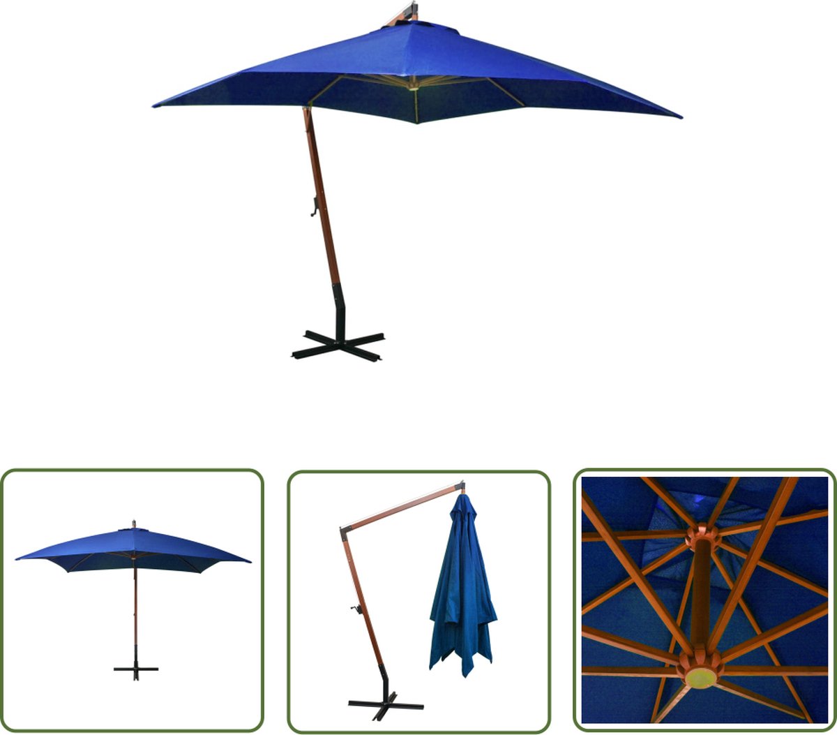 Stylish azure blue 3x3m cantilever parasol with solid pine wood pole by The Living Store.