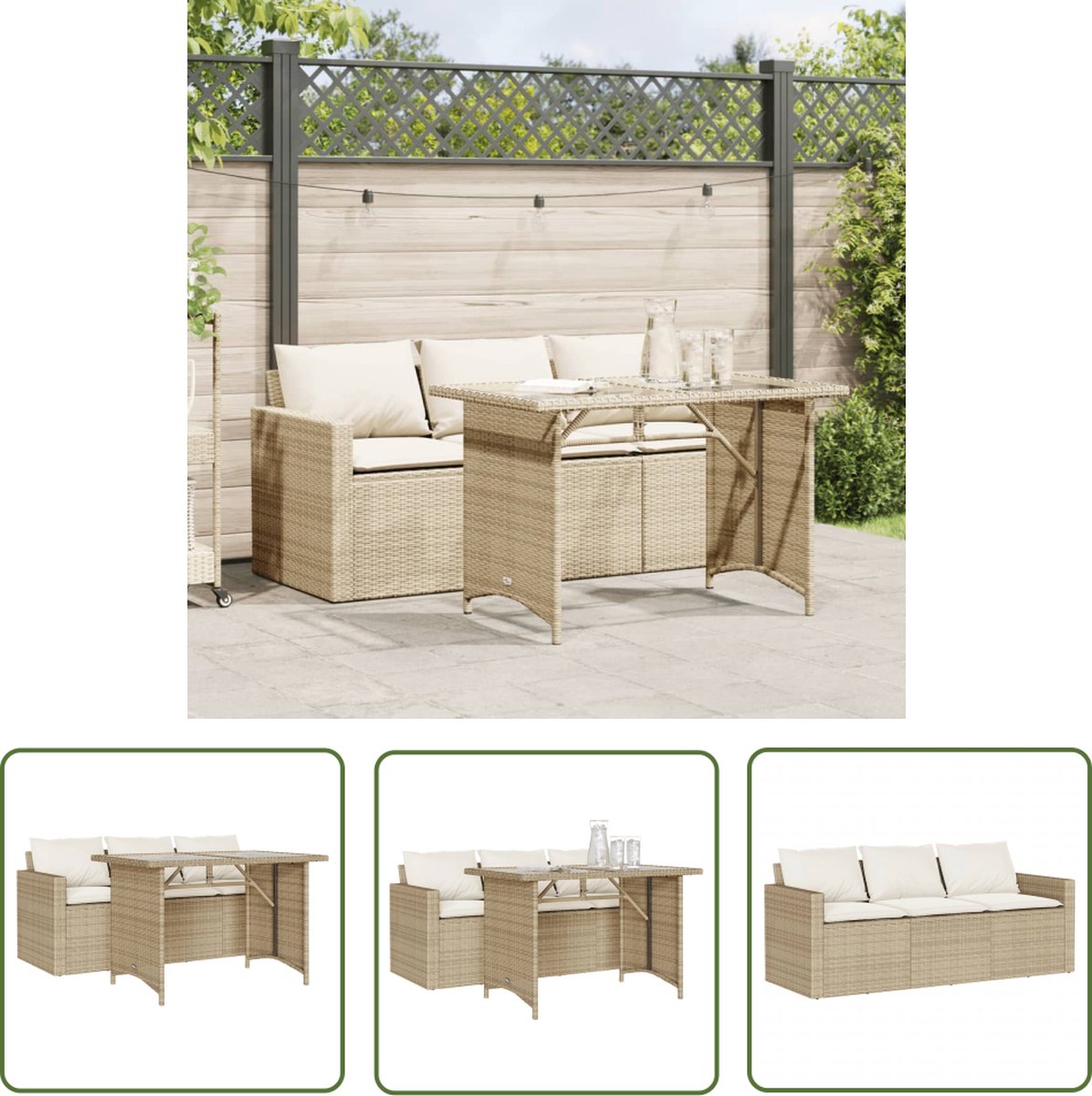 The Living Store 2-delige Tuinset met kussens poly rattan beige - Tuinset - Lounge Set - Buitendiner - Eetkamerset - Patio Furniture