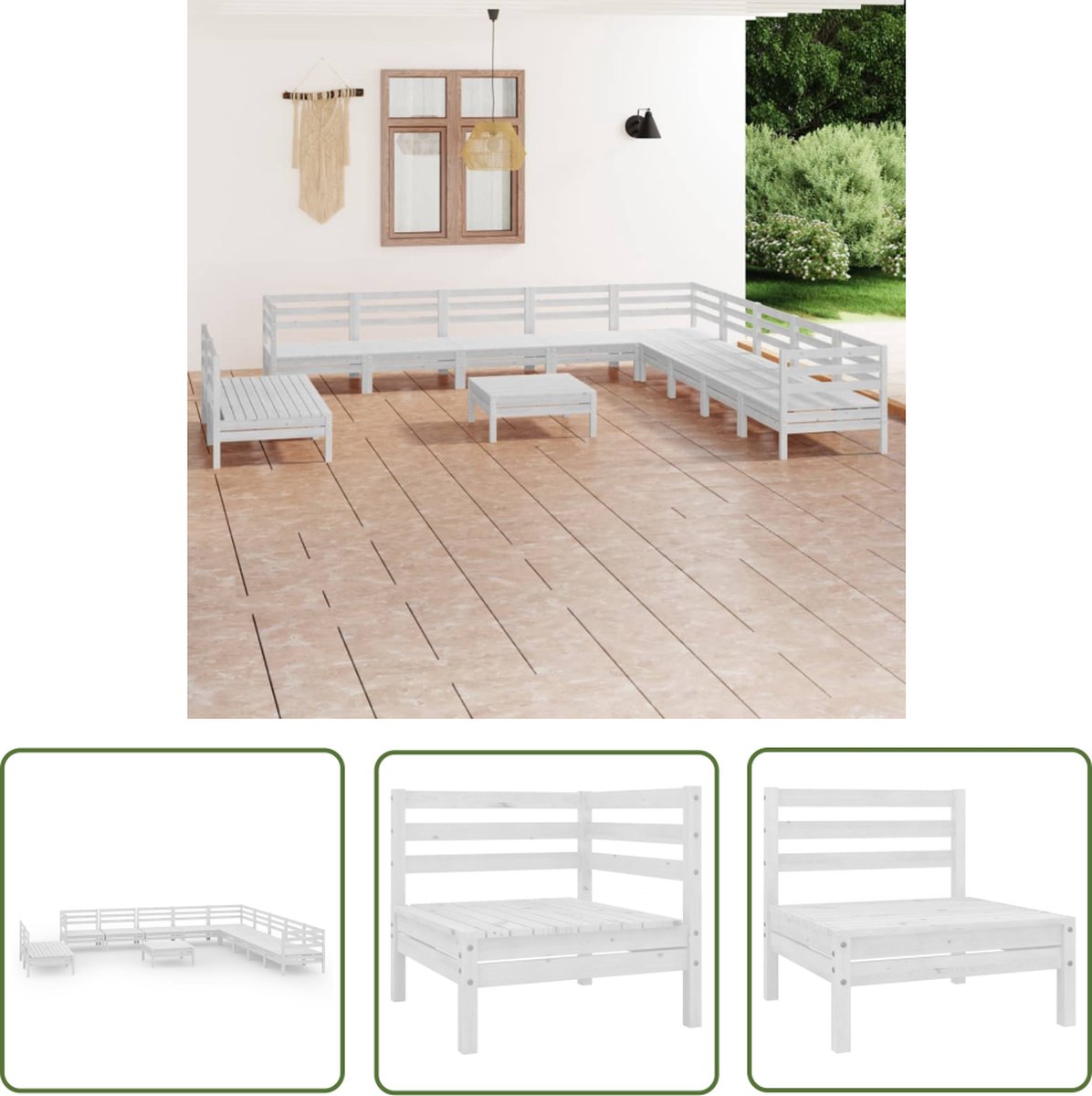 The Living Store 12-delige Loungeset massief grenenhout wit - Loungeset - Tuinset - Hout - Grenenhout - Lounge