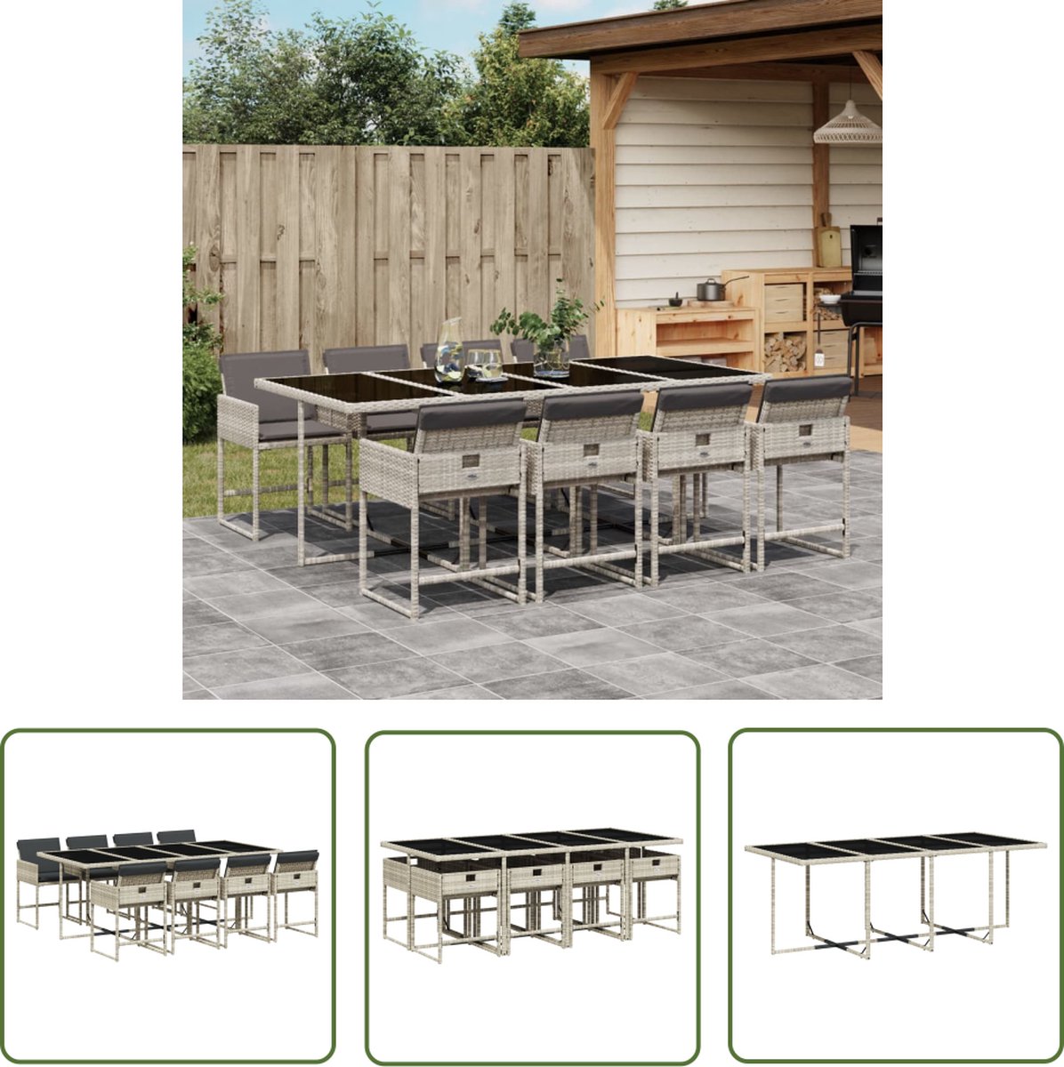 The Living Store 9-delige Tuinset met kussens poly rattan lichtgrijs - Tuinset - Buitendecoratie - Eetkamerset - Lounge Set - Pe Rattan