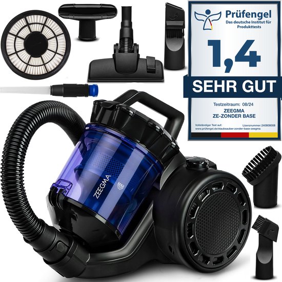 Zeegma Zonder Base Cycloon Stofzuiger + FREE SMALL TURBO BRUSH ZONDE – 899W – 20.000 PA Zuigkracht – 2,5L Stofreservoir – HEPA 13 Allergiefilter – Energieklasse A – 10-in-1 Accessoires – Automatisch Oprolbaar Snoer