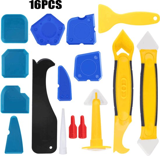 Spatule à calfeutrer - 16 pièces - Ensemble de grattoirs à Kit - Grattoir à calfeutrer - Lisseur à calfeutrer - Lisseur à joints - Couteau à calfeutrer - Tools de calfeutrage - Siliconen et plastique - Jaune - Pour salle de bain et cuisine