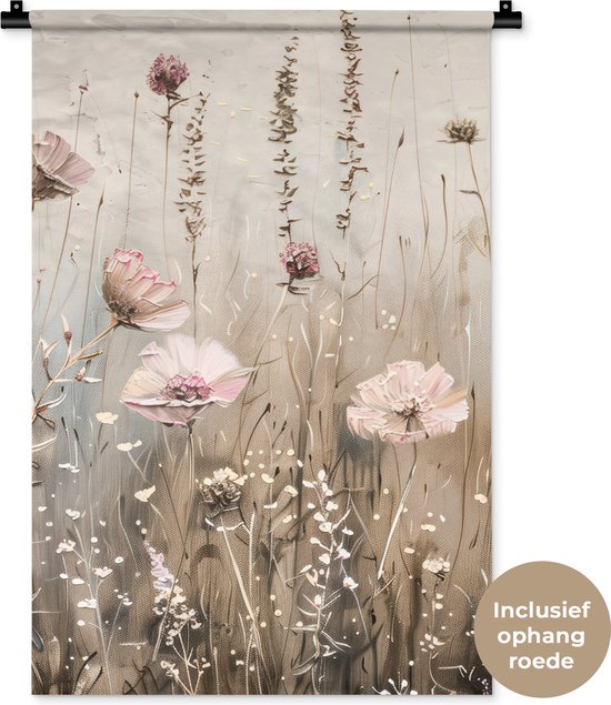 Wandkleed 60x90 cm - Wanddoek Bloemen - Roze - Modern - Beige - Wandtapijt - Wandkleden