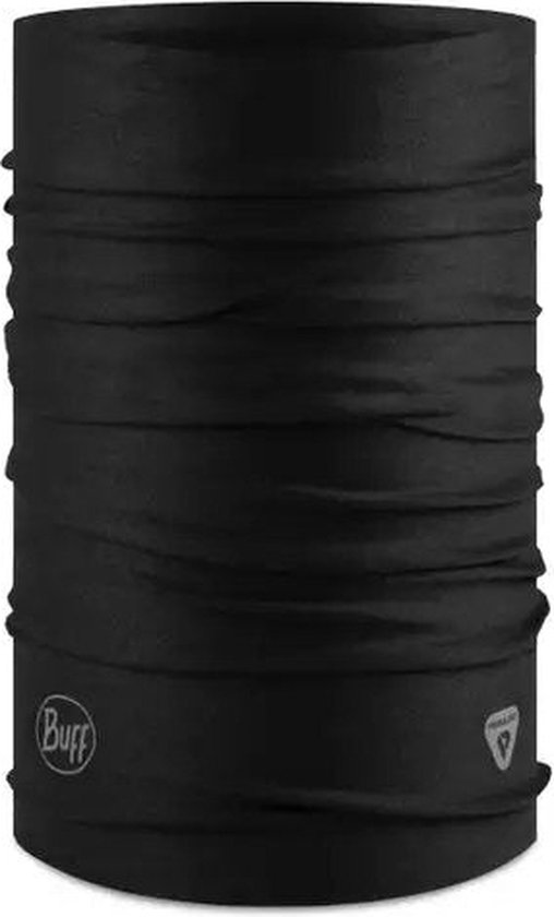 Zwarte nekwarmer van BUFF®, met een glanzende textuur en horizontale plooien.