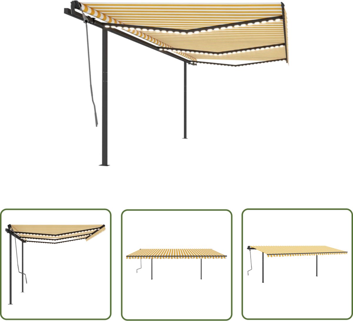 Automatic yellow and white 6x3m awning with LED lights and wind sensor from The Living Store, ideal for outdoor spaces.